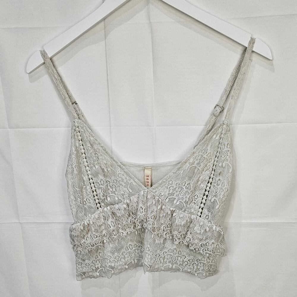 Raga Logan [Sample] Lace Sheer Ruffle Crop Tank Top Ivory Small
